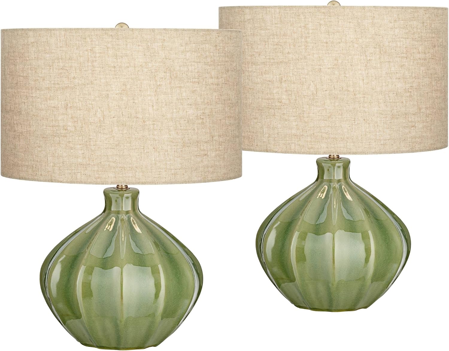 360 Lighting Gordy Mid Century Modern Accent Table Lamps 20 1/2' Tall Set of 2 Green Ribbed Ceramic Oatmeal Fabric Drum Shade for Bedroom Living Family Room Bedside Nightstand House Home