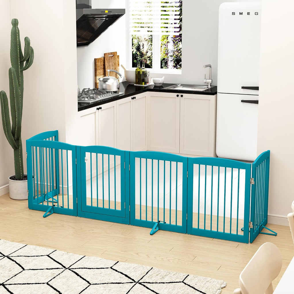 PUPETPO Freestanding Pet Gates with Walk Through Door, Dog Indoor Fence, Dog Gate for The House, Doorway, Stairs, Extra Wide Pet Gate, Support Feet Included, 120 Inch Wide, 6 Panels 24' Tall, Blue