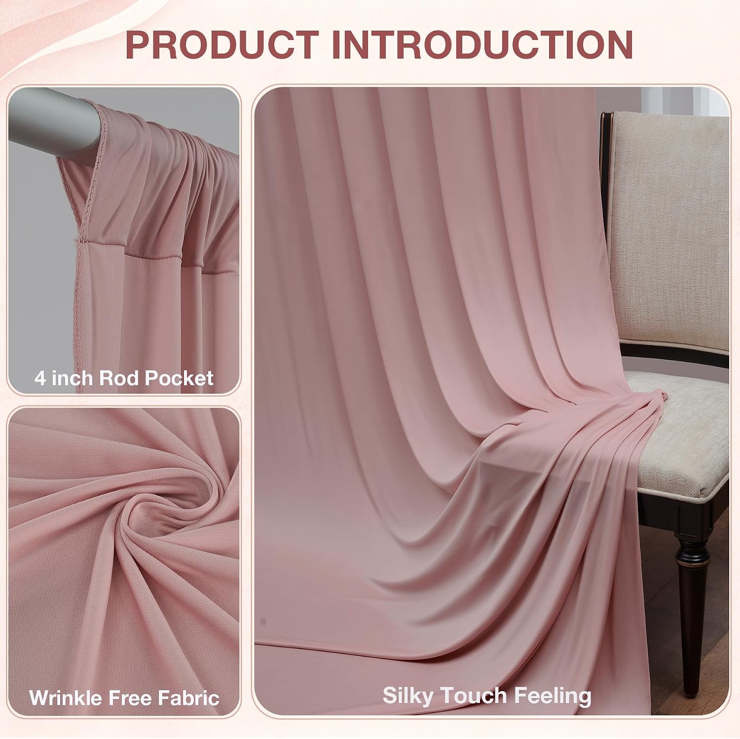 50ftx10ft Wrinkle Free Dusty Pink Backdrop Curtains for Parties, Silky Polyester Photo Backdrop Drapes 10 Panels 5x10ft Back Drop Cloth for Wedding Birthday Baby Shower Photography Background