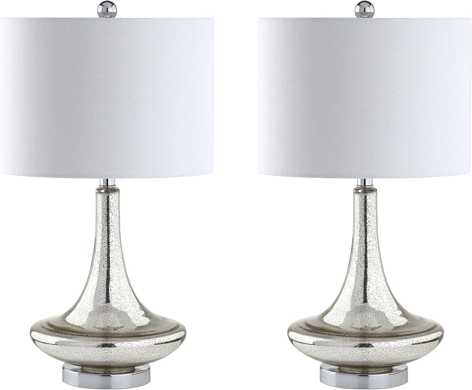 JONATHAN Y 25.5' Mercury Silver Glass Teardrop Table Lamp Set of 2 for Bedroom, Modern Bedside Lamps for Living Room, White Linen Drum Shade, LED Bulbs Included JYL1081A-SET2