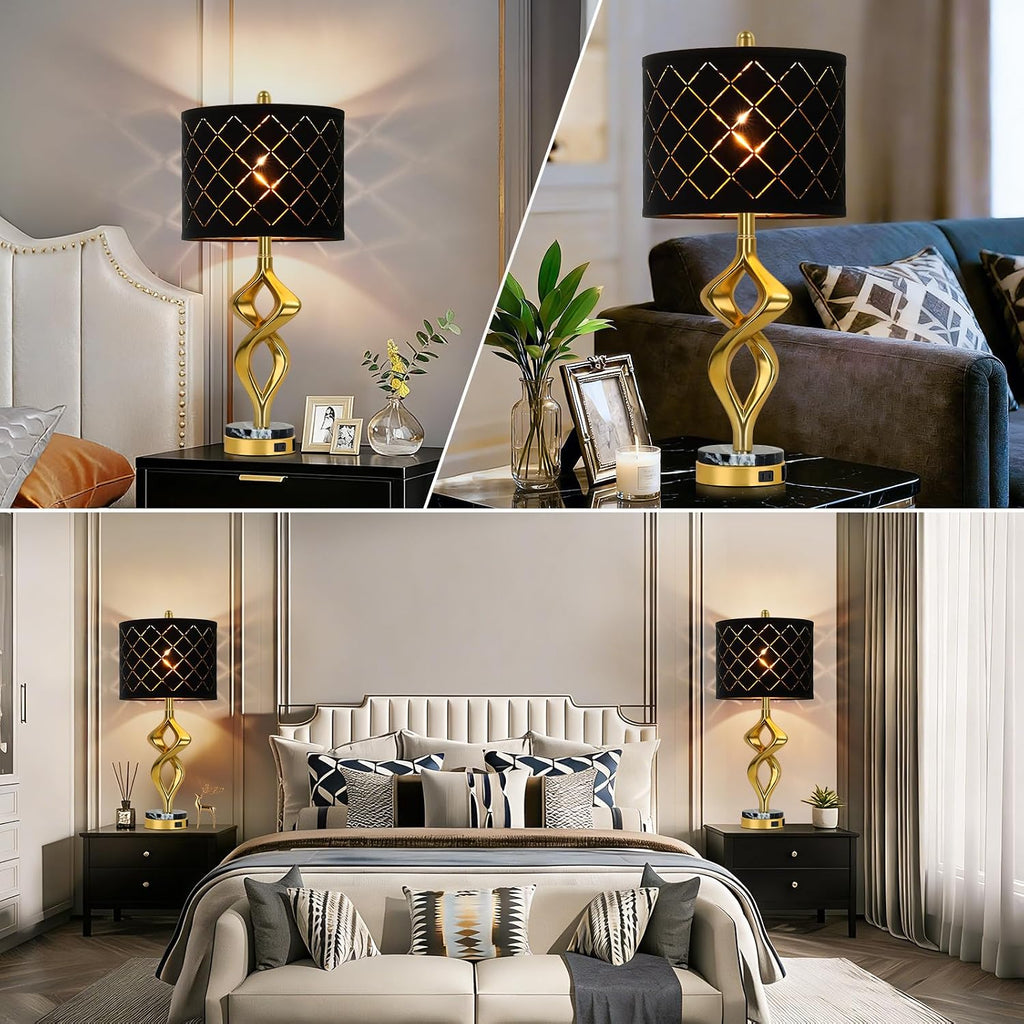 28.5' Modern Sculptural Living Room Table Lamps Set of 2 with USB Ports and Outlet, Gold Bedside Table Lamps with Black Marble Base, Nightstand Lamps for Bedroom with Luxurious Black Grid Lampshade