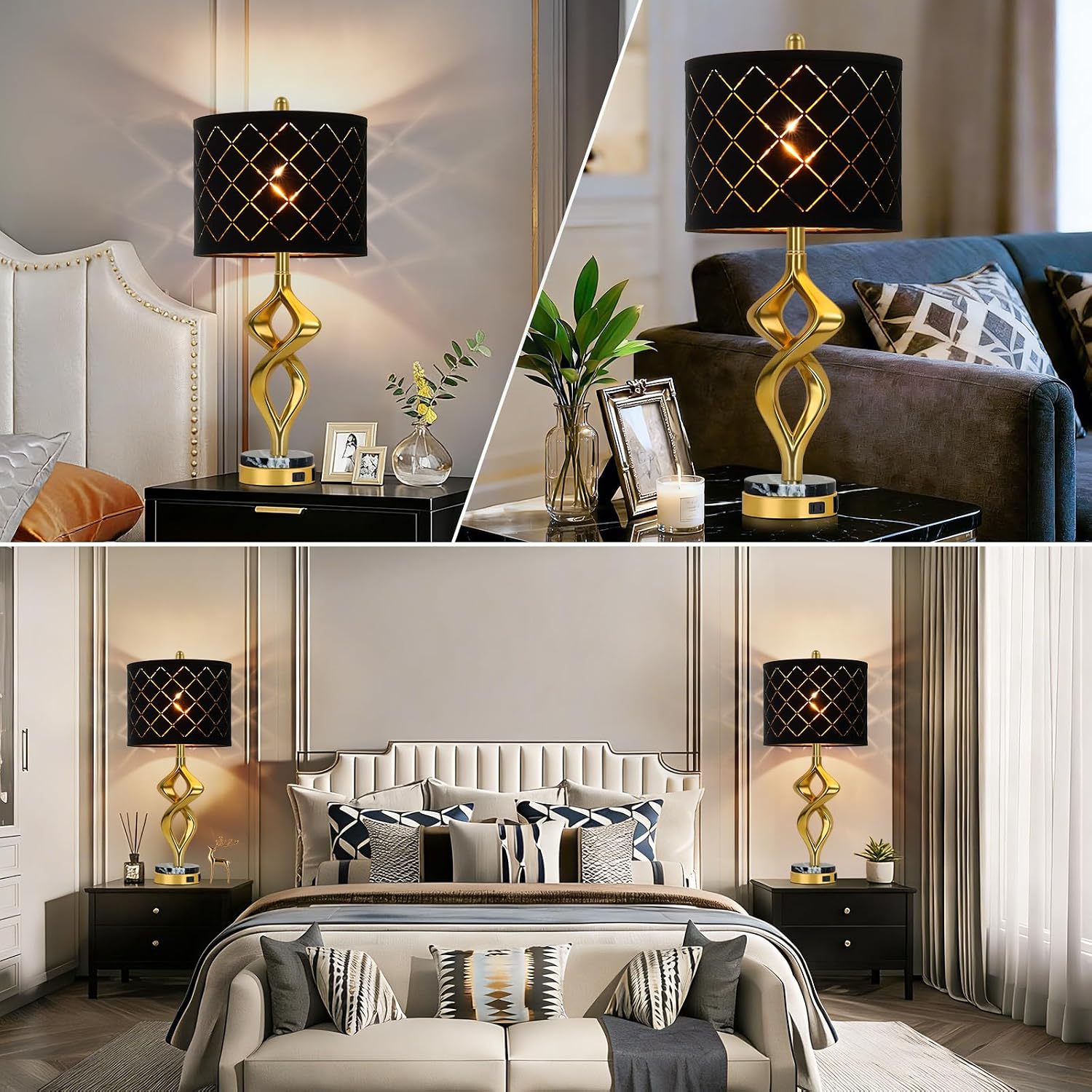 28.5' Modern Sculptural Living Room Table Lamps Set of 2 with USB Ports and Outlet, Gold Bedside Table Lamps with Black Marble Base, Nightstand Lamps for Bedroom with Luxurious Black Grid Lampshade