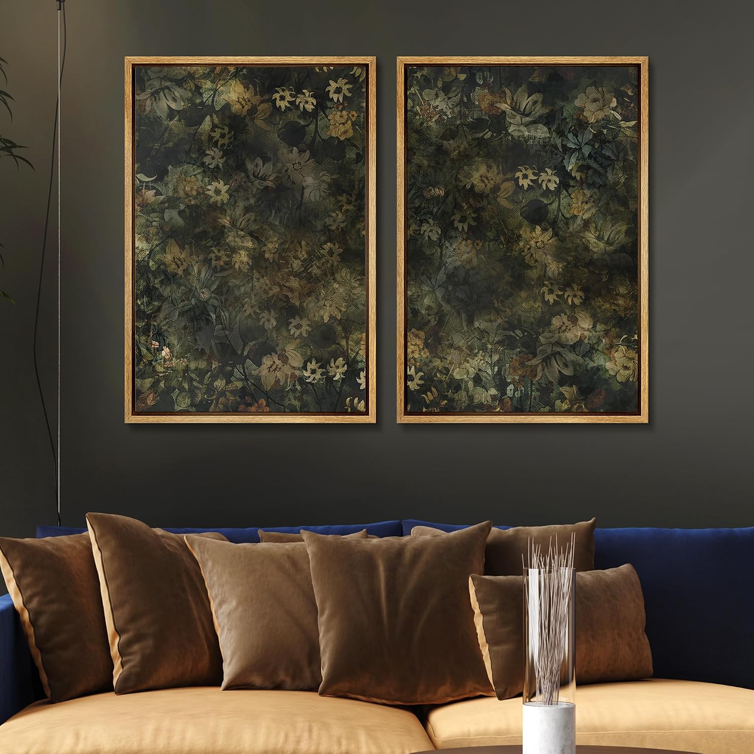 SIGNWIN Framed Canvas Print Wall Art Set Botanical Shadows Dark Floral Illustrations Modern Art Rustic Relax/Calm for Living Room, Bedroom, Office - 24'x36'x2 Natural