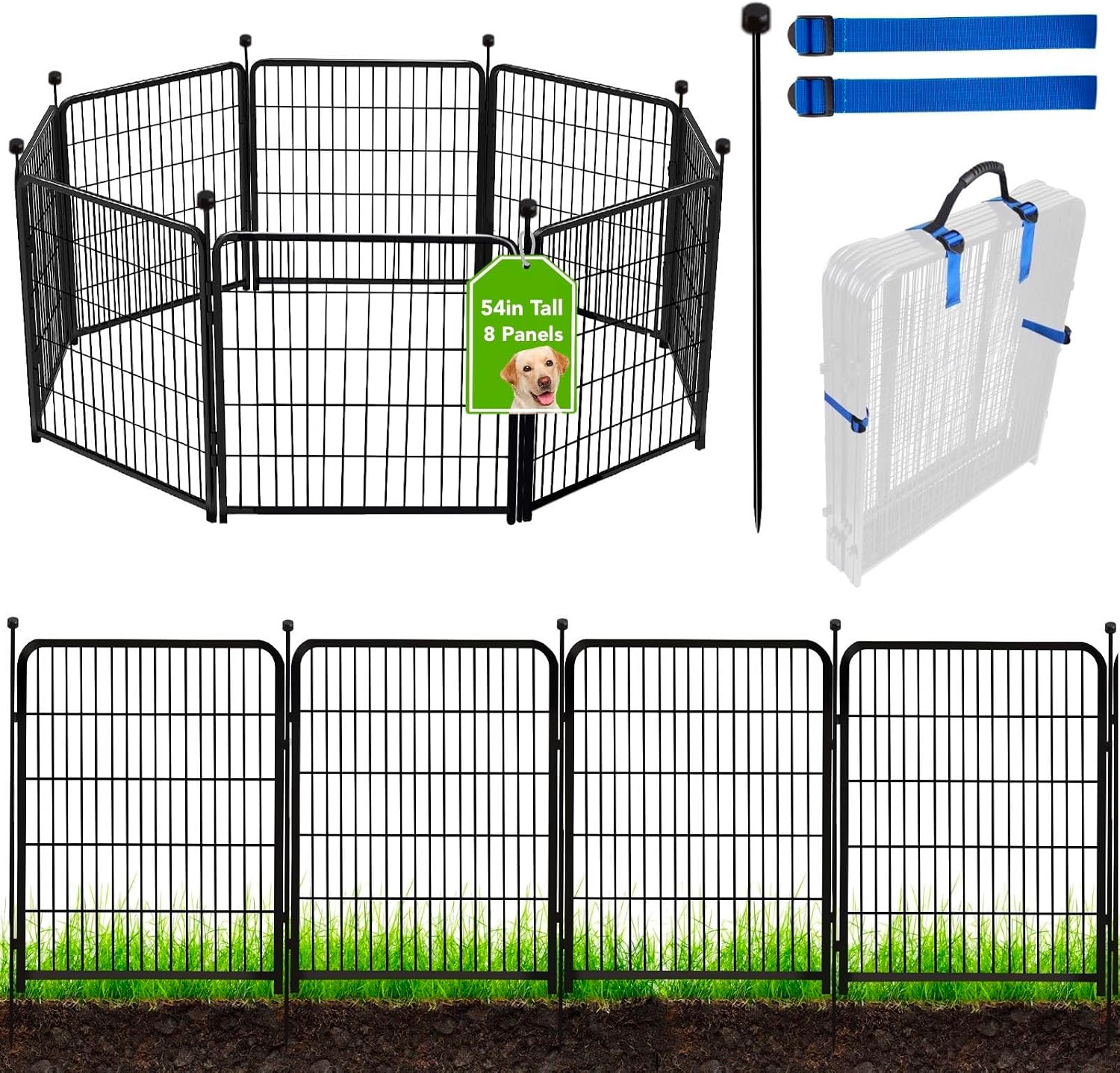 ADAVIN Tall Garden Fence Animal Barrier, 54 in(H) Dog Fence Outdoor for Yard, 8 Panels Total 17.7 Ft(L) Dog Fencing,Temporary Fences for Medium/Large Pets，Garden Fencing for Dogs (No Gate)