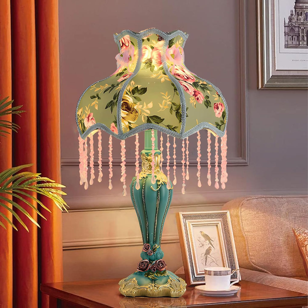 Green Victorian Table Lamp European Style Fabric Desk Lamps with Fringe Beaded Lampshade Painted Resin Base Handmade Vintage Flower Bedside Night Light for Bedroom Living Room Office