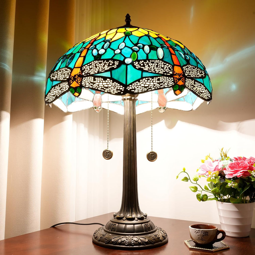 Tiffany Lamp Dragonfly Style Stained Glass Table Lamp 16X16X23 Inch Home Office Bedroom Bedside Light Vintage Unique Esthetic Decor Light (Bulb Include)
