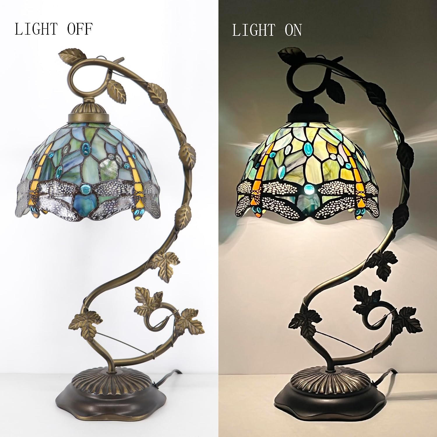 Tiffany Table Lamp, Stained Glass Desk Reading Light,Metal Leaf Table Lamp Base 8X10X21 Inches (Brown Dragonfly)