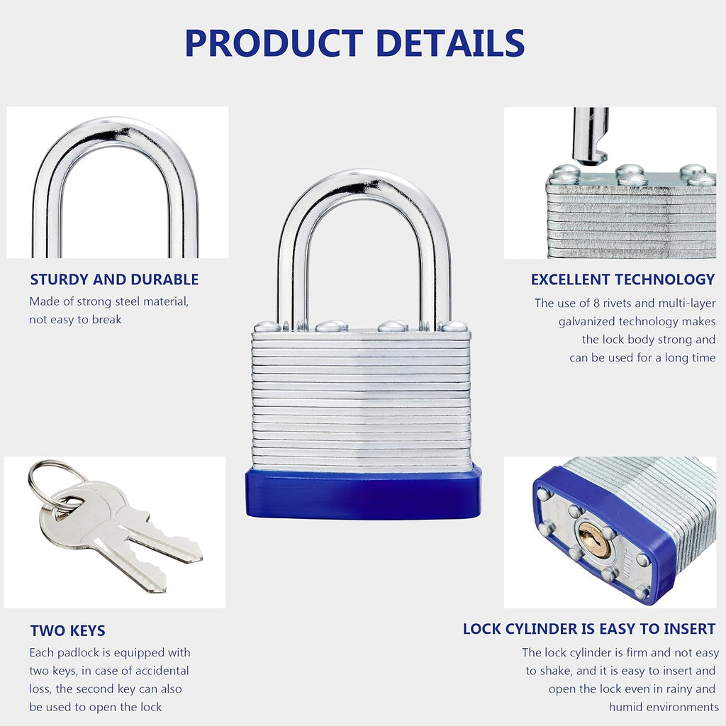 Lock Outdoor Padlocks, Laminated keyed Padlock, 1-9/16 in Wide Body, Padlock Set with Keys (60Pack)