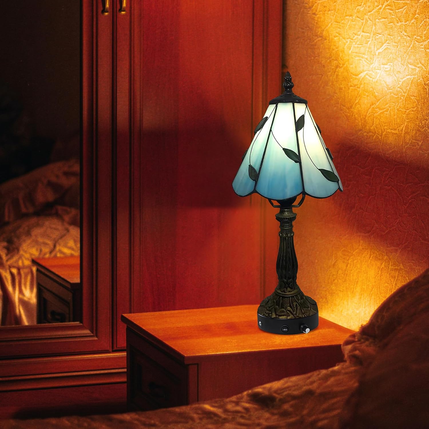 Kiven Cordless Table Lamp,1-Light Dimmable Bedside Lamps for Nightstand with Glass Lampshade, Cordless Tiffany Lamp for Reading Home Decor Bedside TD0796