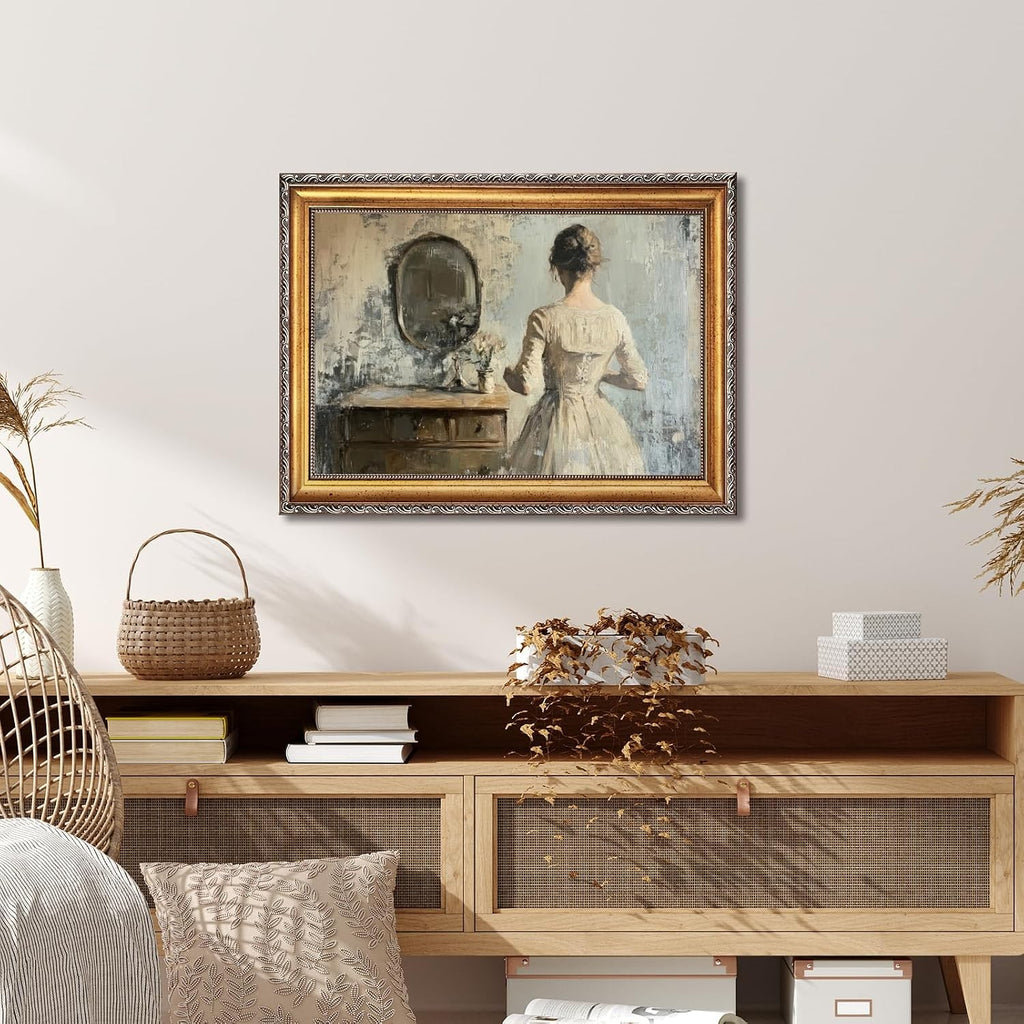 Large Framed Woman at Vanity Mirror Oil Painting Poster Vintage Victorian Female Canvas Wall Art Retro European Romantic Feminine Lady Artwork Print for Bedroom Dressing Room Decor 24x36inch