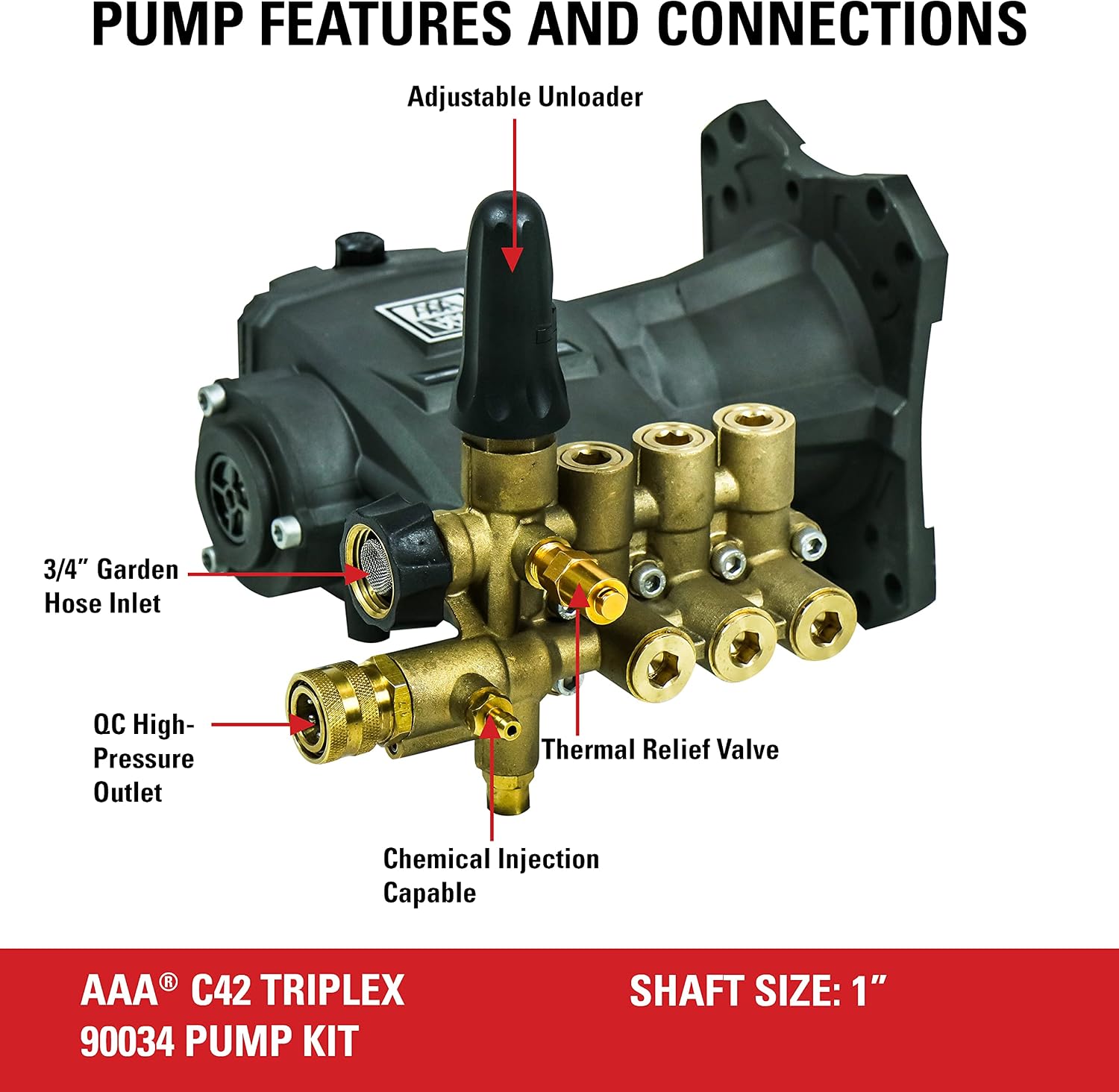 AAA 4400 PSI 4.0 GPM Horizontal Replacement Pressure Washer Pump Kit, 90034 | Industrial Grade Horizontal Triplex Plunger Replacement Pressure Washer Pump Kit, 1' Shaft, Includes Hardware & Siphon Tube