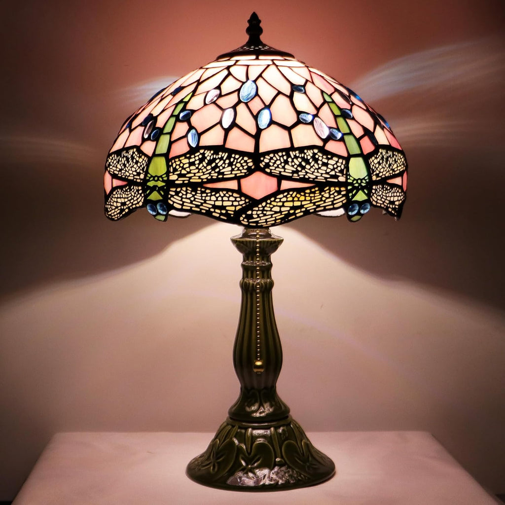 Tiffany Lamp Stained Glass Table Lamps Pink Dragonfly Style Desk Lamp12X12X18.5 Inch Bronze Ceramic Base Reading Light Suitable for Bedside Bedroom Living Room Dining Room Office