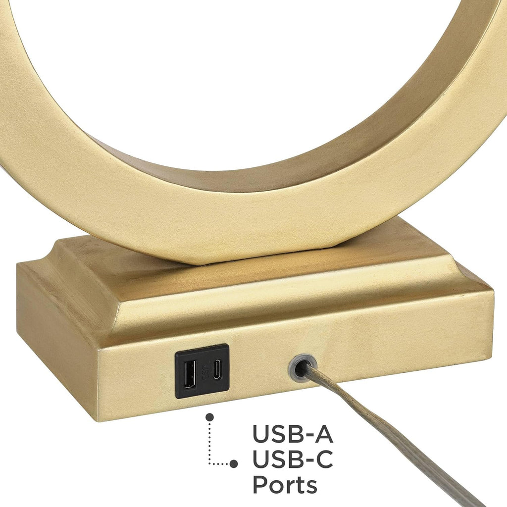 360 Lighting Modern Table Lamps 28 1/2' Tall Set of 2 with USB Charging Port Brushed Gold Open Ring White Rectangular Shade for Bedroom Living Room House Bedside Nightstand Office Family