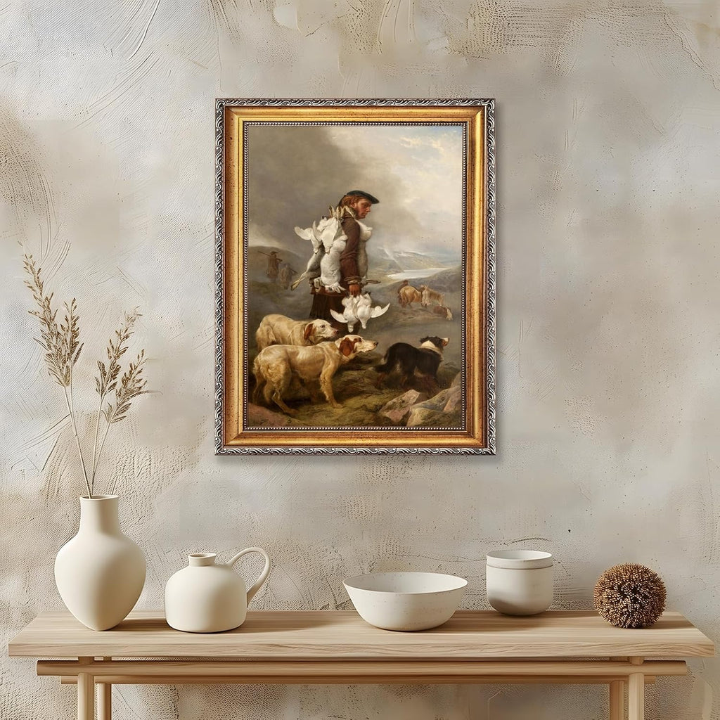 Large Gold Framed Winter Shooting Hares and Ptarmigan By Richard Ansdell Canvas Wall Art Coastal Countryside Scene Oil Paintings Reproduction Poster Rustic European Artwork Print Decor 24x36inch
