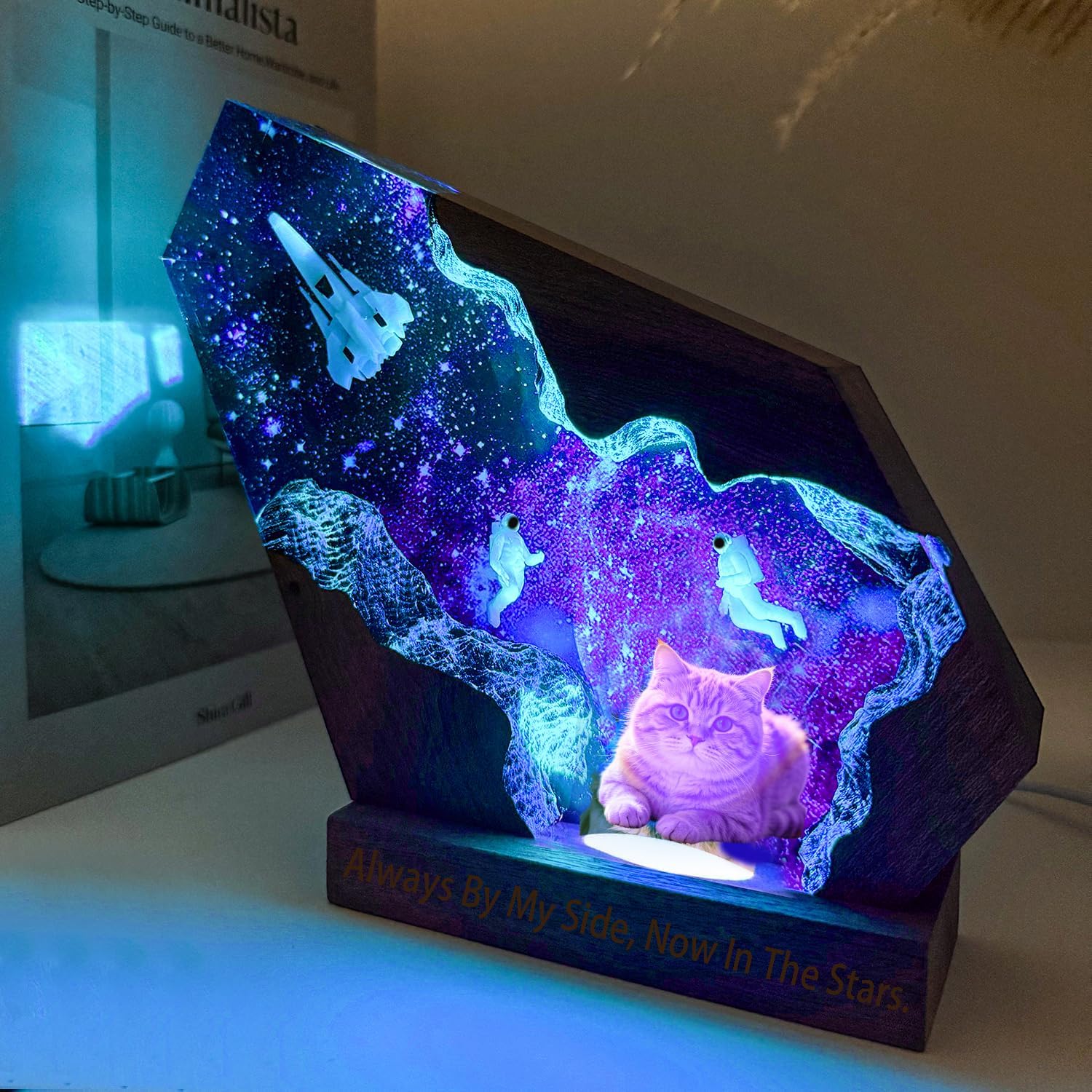 Custom dog & cat memorial gifts for loss of dog & cat, Personalized Space Resin Lamp with Photo and Text, Variable Lights, Handmade Unique pet memorial gifts for the furry astronaut you missed (8'x5')