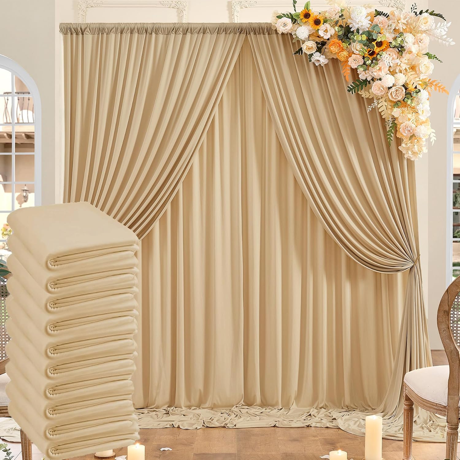 50ftx10ft Wrinkle Free Champagne Backdrop Curtains for Parties, 10 Panels 5x10ft Thick Polyester Backdrop Drapse for Weddings Birthday Photography Background Curtains