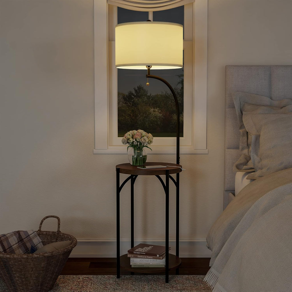 Floor Lamp with End Table - Modern Rustic Side Shelves with USB Charging Port, LED Light Bulb, and Drum-Shaped Shade - Standing Lights by Lavish Home (with Bulb)