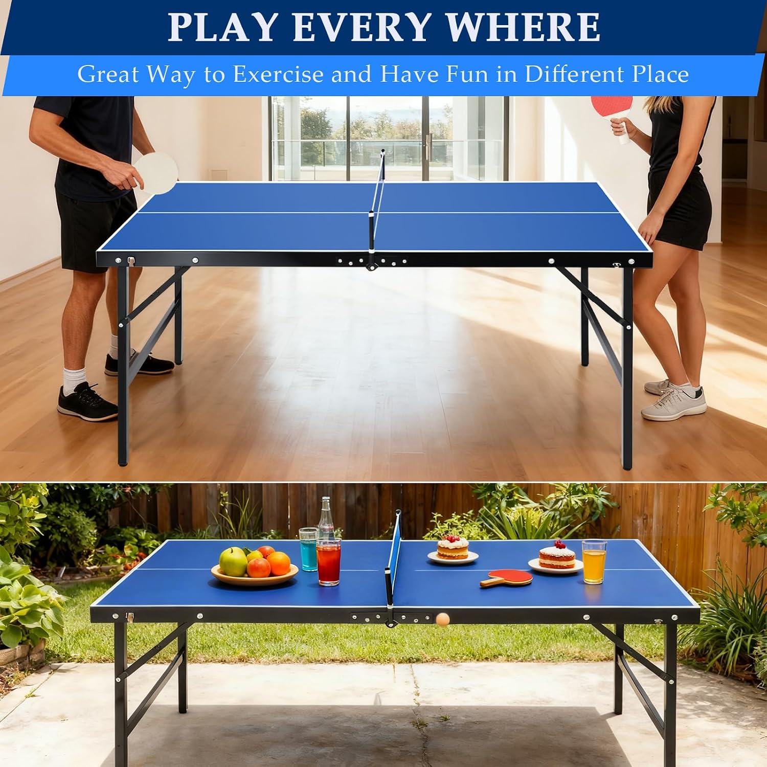 Portable Ping Pong Table, Foldable Indoor Table Tennis Tables Game, Folding Indoor Table Tennis w/ 2 Paddles, 2 Balls and Net for Adults/Teens, Quick Assembly