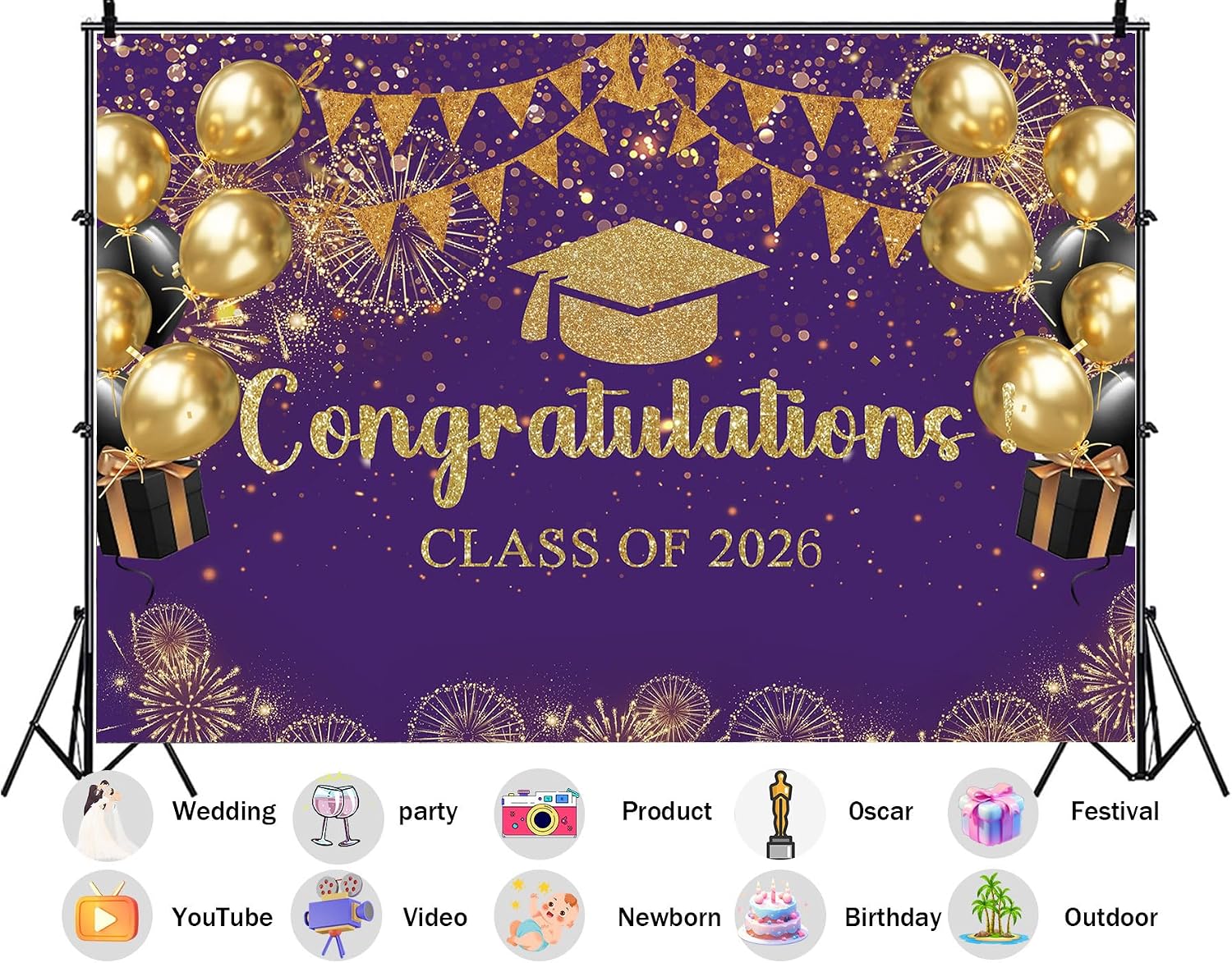 20X10ft Fabric Class of 2026 Graduation Backdrop, Purple and Gold Congratulations Party Background, Grad Prom Celebration Balloons and Streamers Decorations Banner Photo Booth Props