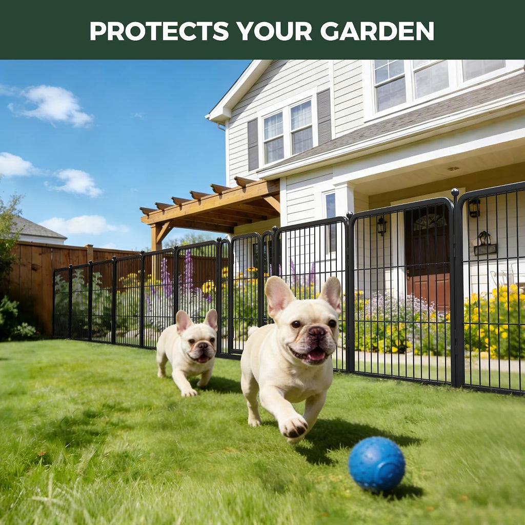 FXW Garden Fence Outdoor for the Yard – 24in(H) x 30.4ft(L) Heavy Duty Metal Animal Barrier for Dog, No Dig Decorative Dog Fence, 16 Panels, Black
