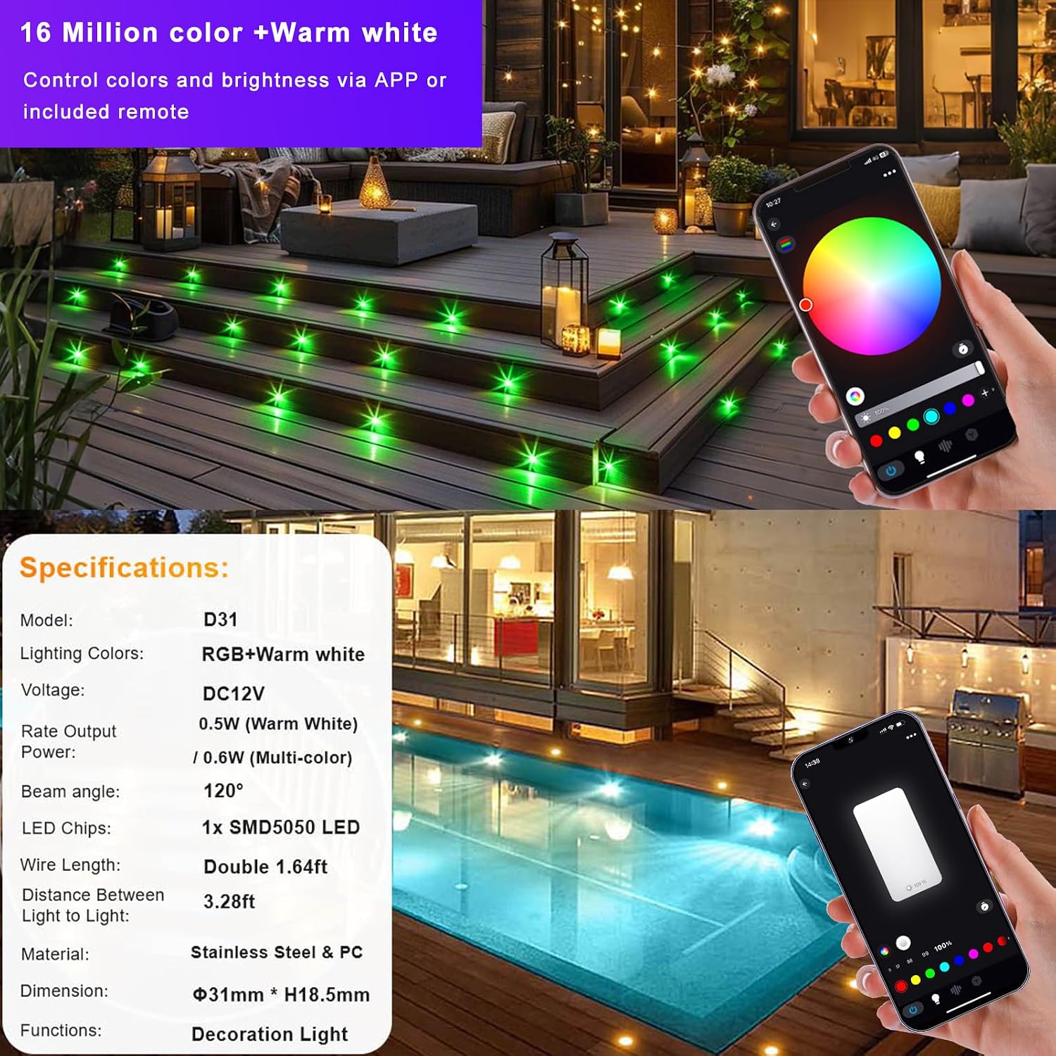 Low Voltage LED Deck Lights, 30 Pack 1.22' Smart WiFi RGBW 3000K Recessed Step & Stair Lighting Kit, IP67 Waterproof Outdoor for Deck, Walkway & Landscape, Compatible with Alexa & Google Assistant