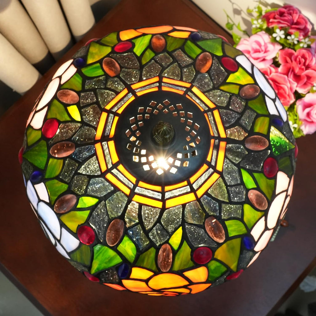 Tiffany Style Stained Glass Lamp Red Orange Purple Pink Rose Table Lamp Bedroom Bedside Reading Desk Light for Living Office Retro Unique Cute Accent Decor 12' Village Gift Nightstand Lamps