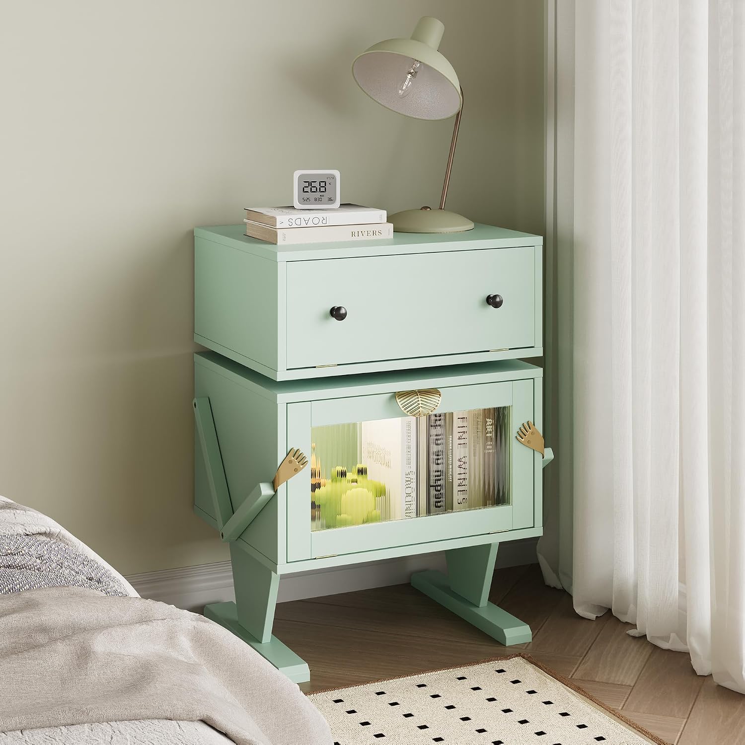 RoyalCraft Nightstand with LED Light Strips Set of 2, Green End Table with 360° Rotating Drawer, Modern Bedside Table with Glass Door Storage, Wood Night Stand Cabinet for Bedroom, Home Office, Green