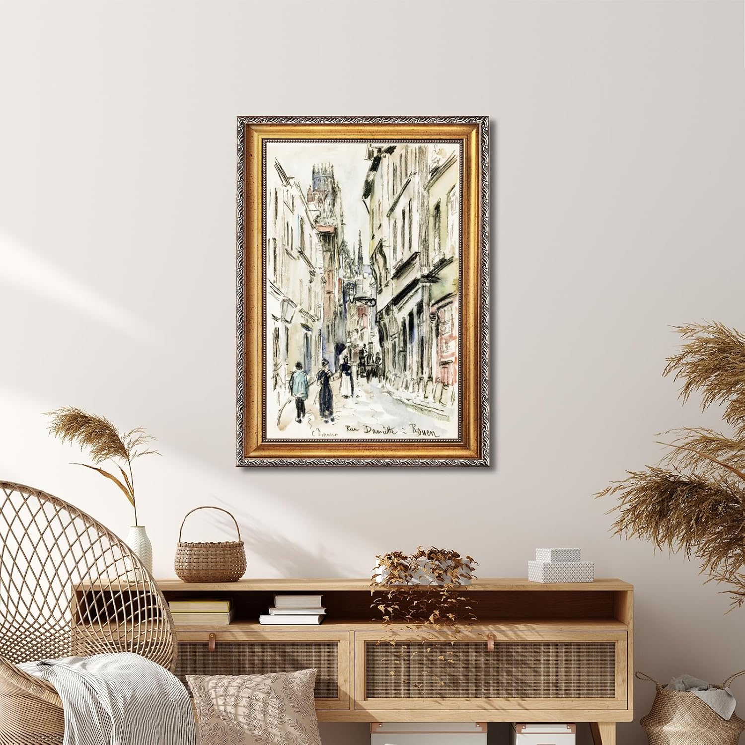 Large Framed European Old Town Street Sketch Canvas Wall Art Rue Damiette Rouen Poster by Camille Pissarro Classic Oil Paintings Reproduction Artwork Print Rustic City Scene Decor