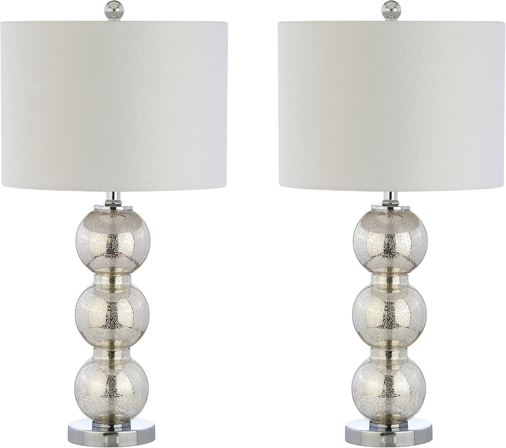 JONATHAN Y 27' Mercury Silver/Chrome Triple-Sphere Glass Table Lamp Set of 2, Bedside, White Linen Shade, Modern Table Lamps for Living Room, Bedroom, Office, LED Bulbs Included (JYL1070B-SET2)