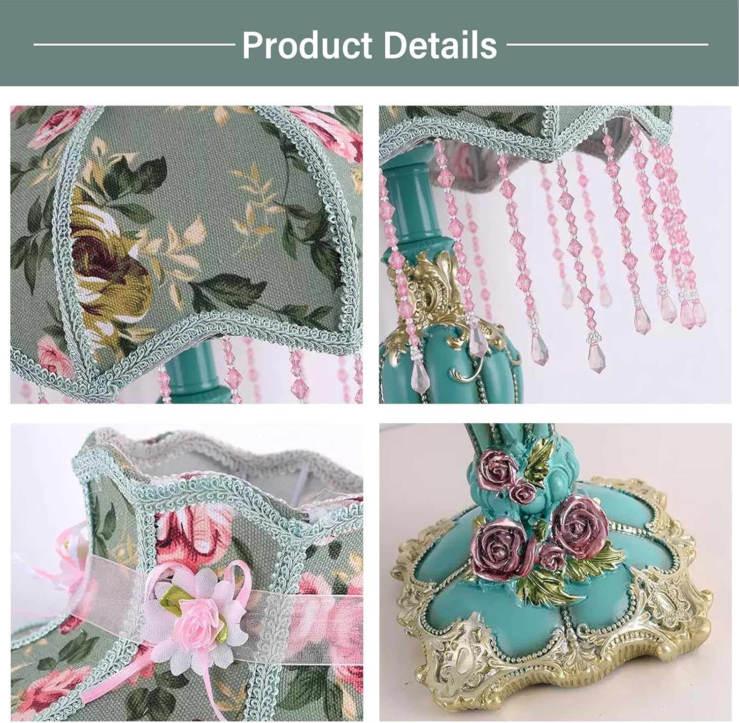 Green Victorian Table Lamp European Style Fabric Desk Lamps with Fringe Beaded Lampshade Painted Resin Base Handmade Vintage Flower Bedside Night Light for Bedroom Living Room Office