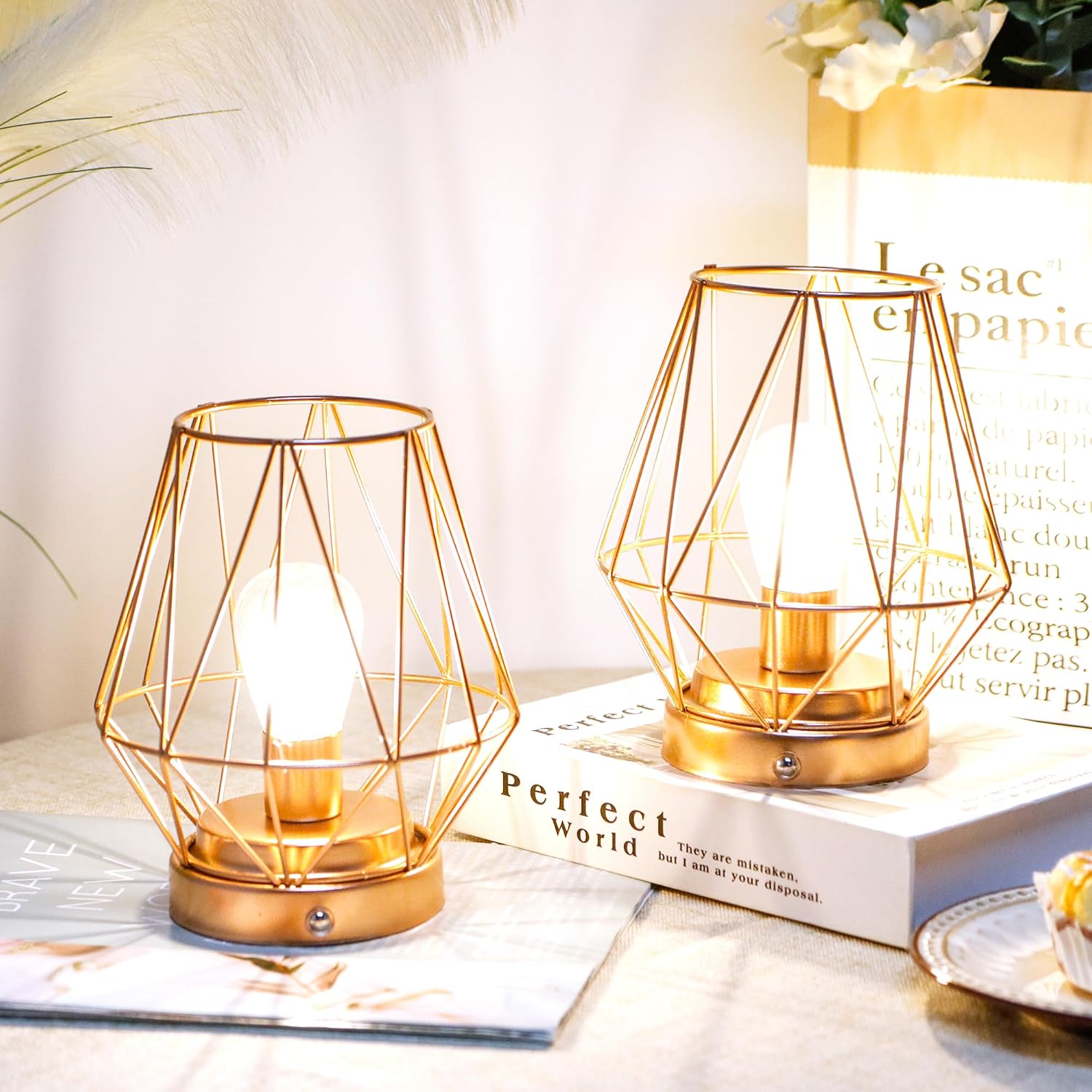 Set of 12 Metal Battery Operated Lamp 7 'H Rechargeable Bedside Lamps Cordless Table Lamp Touch Dimmable for Indoor Outdoor Bedrooms Office Wedding Parties Patio（Diamond）