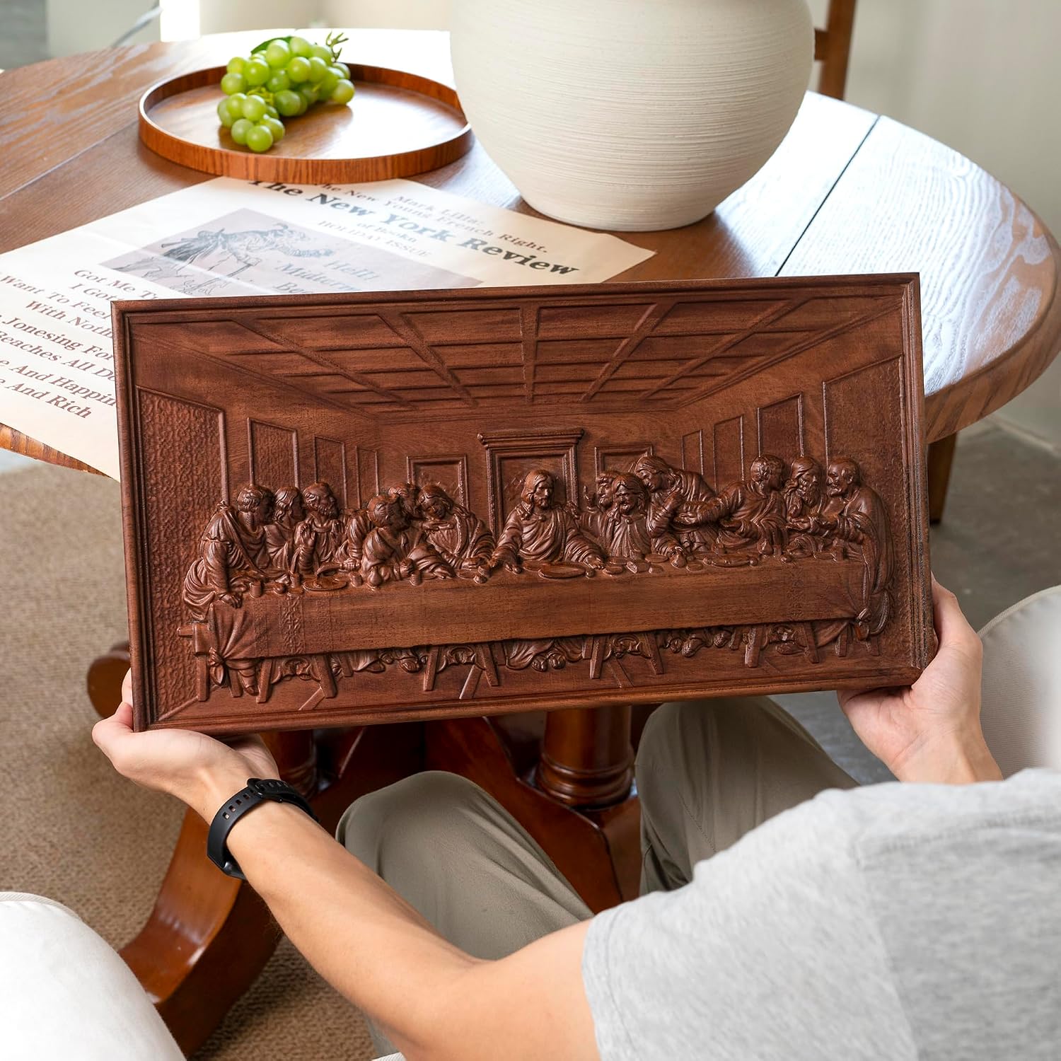 Handmade Wooden The Last Supper Wall Decor for Dining Room | 20 Inch, Beechwood, Two Hooks on the Back, Jesus and the Twelve Apostles, Christian Gift