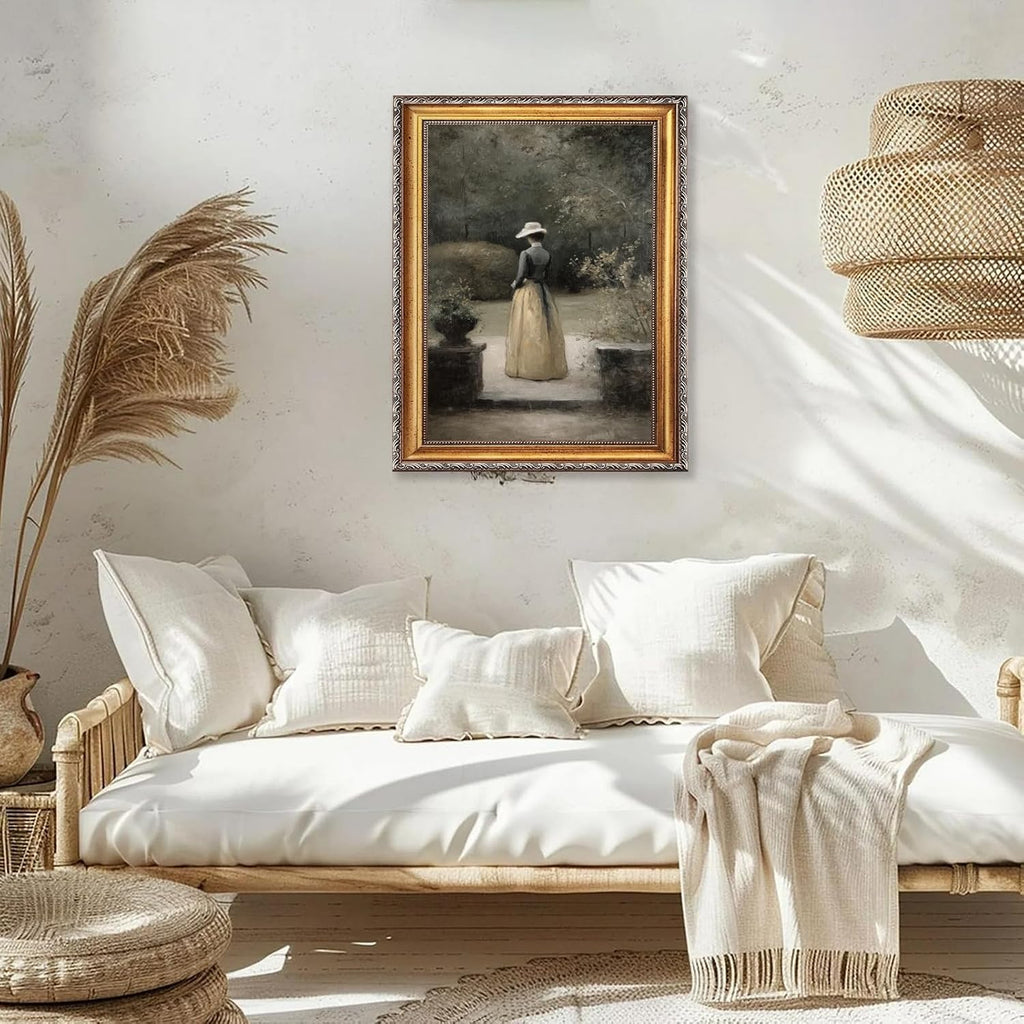 Large Framed Woman in Garden Oil Painting Poster Vintage Courtyard Female Canvas Wall Art Romantic European Victorian Lady Artwork Print Classic Cottage Decor for Bedroom Living Room 24x36inch