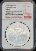2008 American Silver Eagle $1 Coin MS 69 NGC Certified, Early Production from US Mint Sealed Box