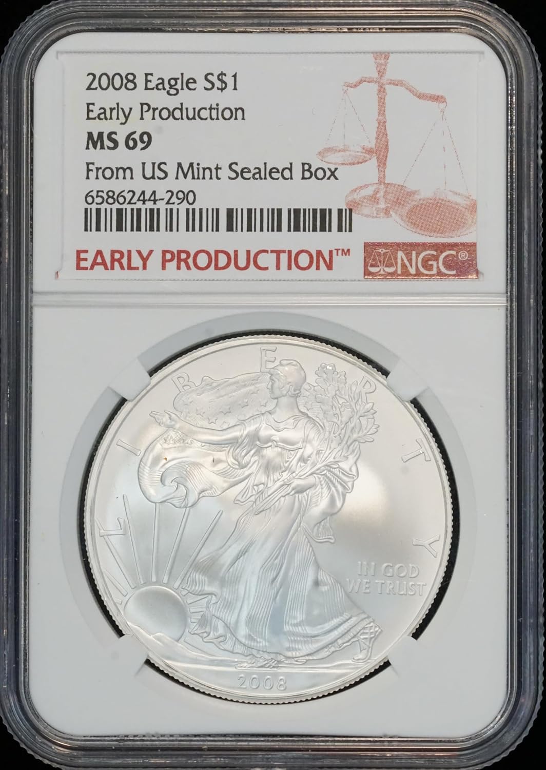 2008 American Silver Eagle $1 Coin MS 69 NGC Certified, Early Production from US Mint Sealed Box
