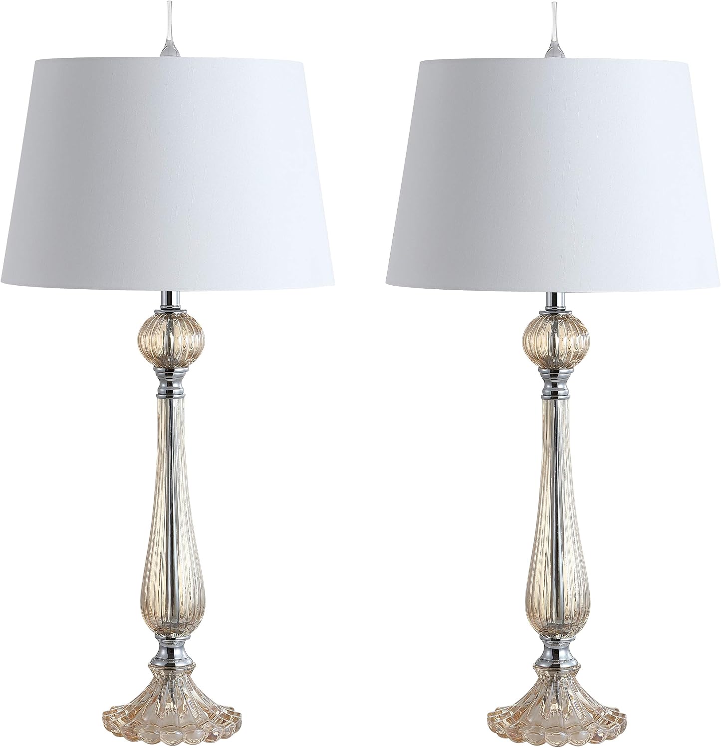 JONATHAN Y 32.5' Champagne Glass Table Lamp Set of 2 for Living Room Bedroom, Traditional French Country Bedside Lamps with White Faux Silk Shade, LED Bulbs Included JYL2067A-SET2