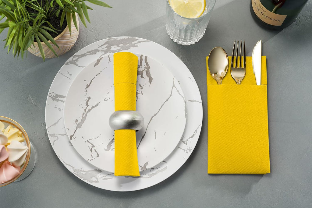 Disposable Linen-Feel Dinner Napkins with Built-in Flatware Pocket, 500-Pack YELLOW Prefolded Cloth Like Paper Napkins For Dinner, Wedding Or Party