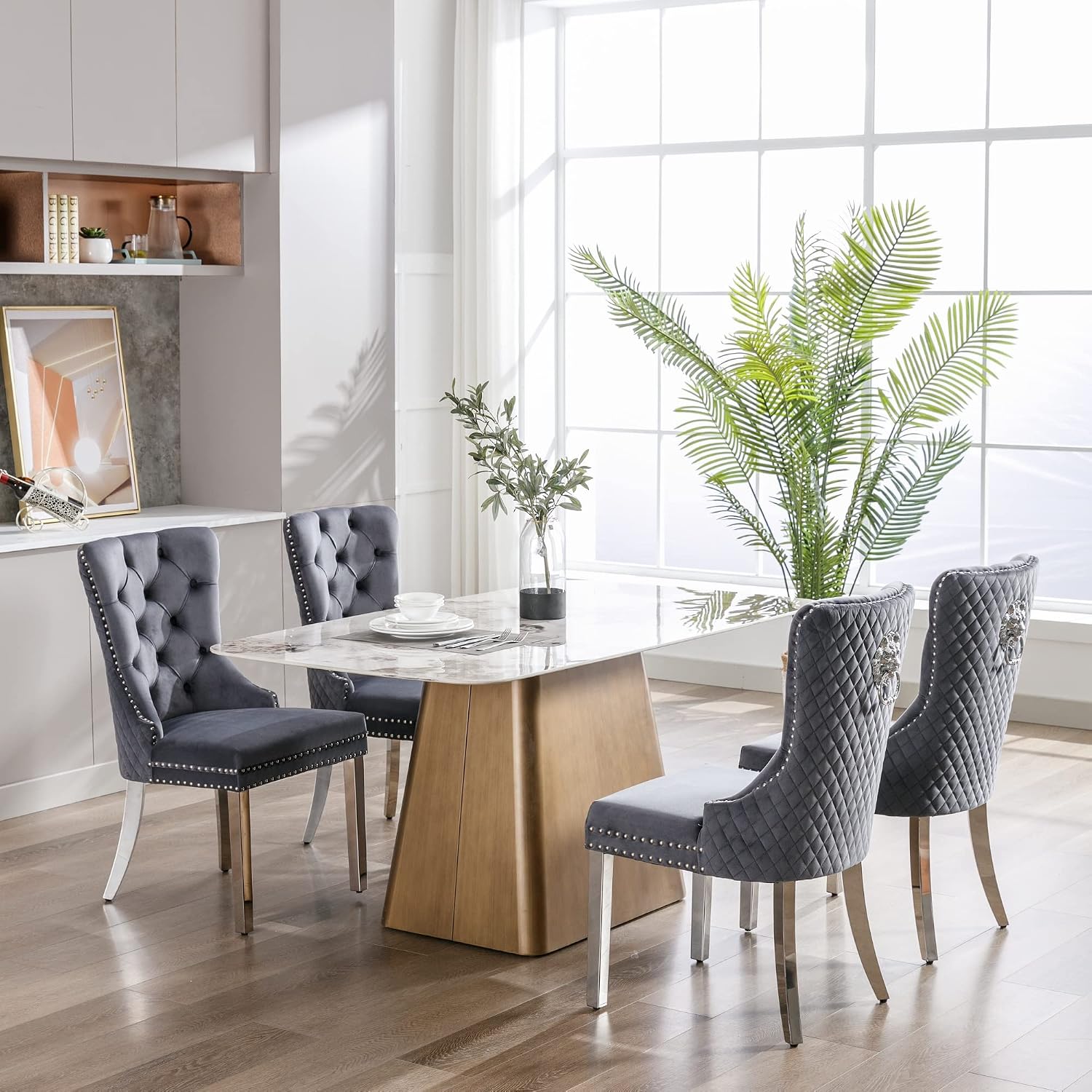 Velvet Dining Chairs Set of 4, Upholstered Dining Room Chairs, Mid-Century Modern Chairs with Diamond Lattice Tufted Back, Lion Pull Ring Rivet Trim, Silver Metal Legs for Kitchen, Dark Grey