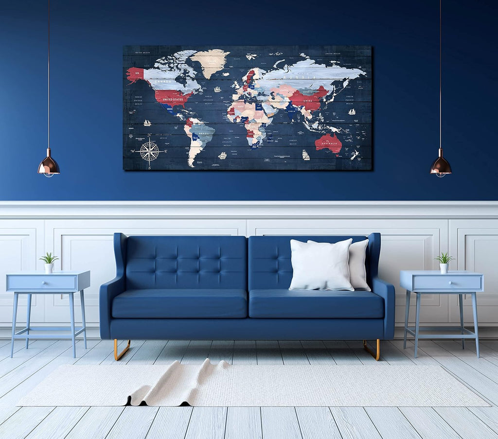 ZHAOSHOP World Maps for Wall - Blue Wall Decor for Living Room - World Map Canvas Wall Art Ready to Hang Size 59' x 29'