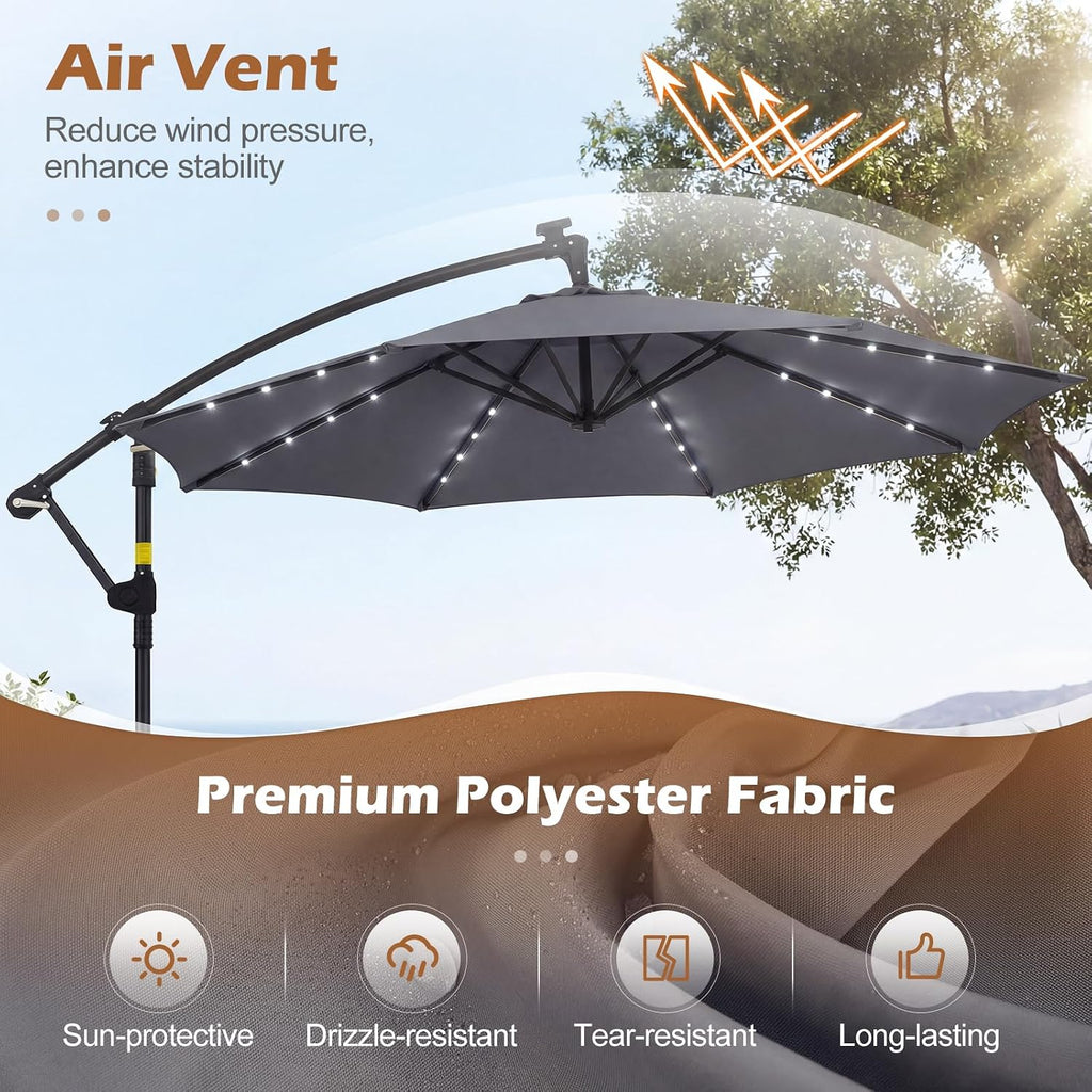 Tangkula 10ft Solar Patio Umbrella with Base Included, Offset Cantilever Outdoor Umbrella with 32 LED Lights, 360 Degree Rotation, Crank Handle for Pool Deck Garden Backyard (Gray)