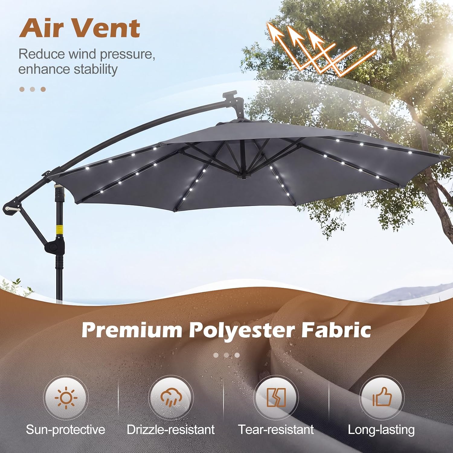 Tangkula 10ft Solar Patio Umbrella with Base Included, Offset Cantilever Outdoor Umbrella with 32 LED Lights, 360 Degree Rotation, Crank Handle for Pool Deck Garden Backyard (Gray)