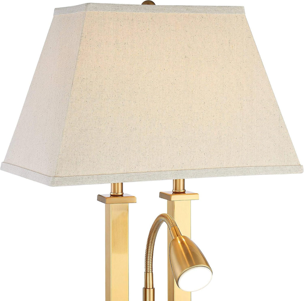 Possini Euro Design Deacon 26' High Traditional Desk Lamps Set of 2 USB Port AC Power Outlet Gooseneck Gold Brass Finish Metal Oatmeal Shade Home Office Living Room Charging Bedroom Bedside