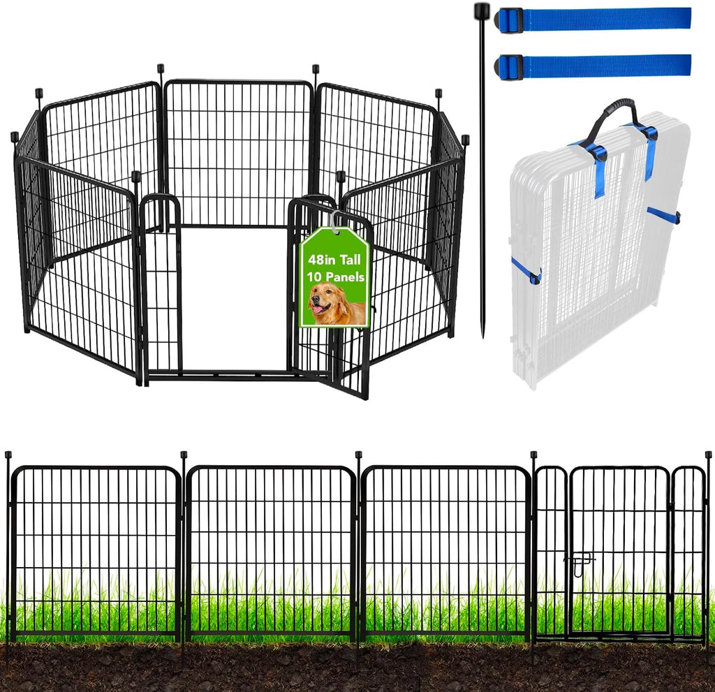 ADAVIN Tall Garden Fence, 48 in(H) 10 Panels Heavy Duty Iron Metal Animal Barrier Fence, Indoor or Outdoor Dog Playpen, Temporary Fence, No Dig Garden Border Fencing for Yard, Total 22.1 FT(L),Black