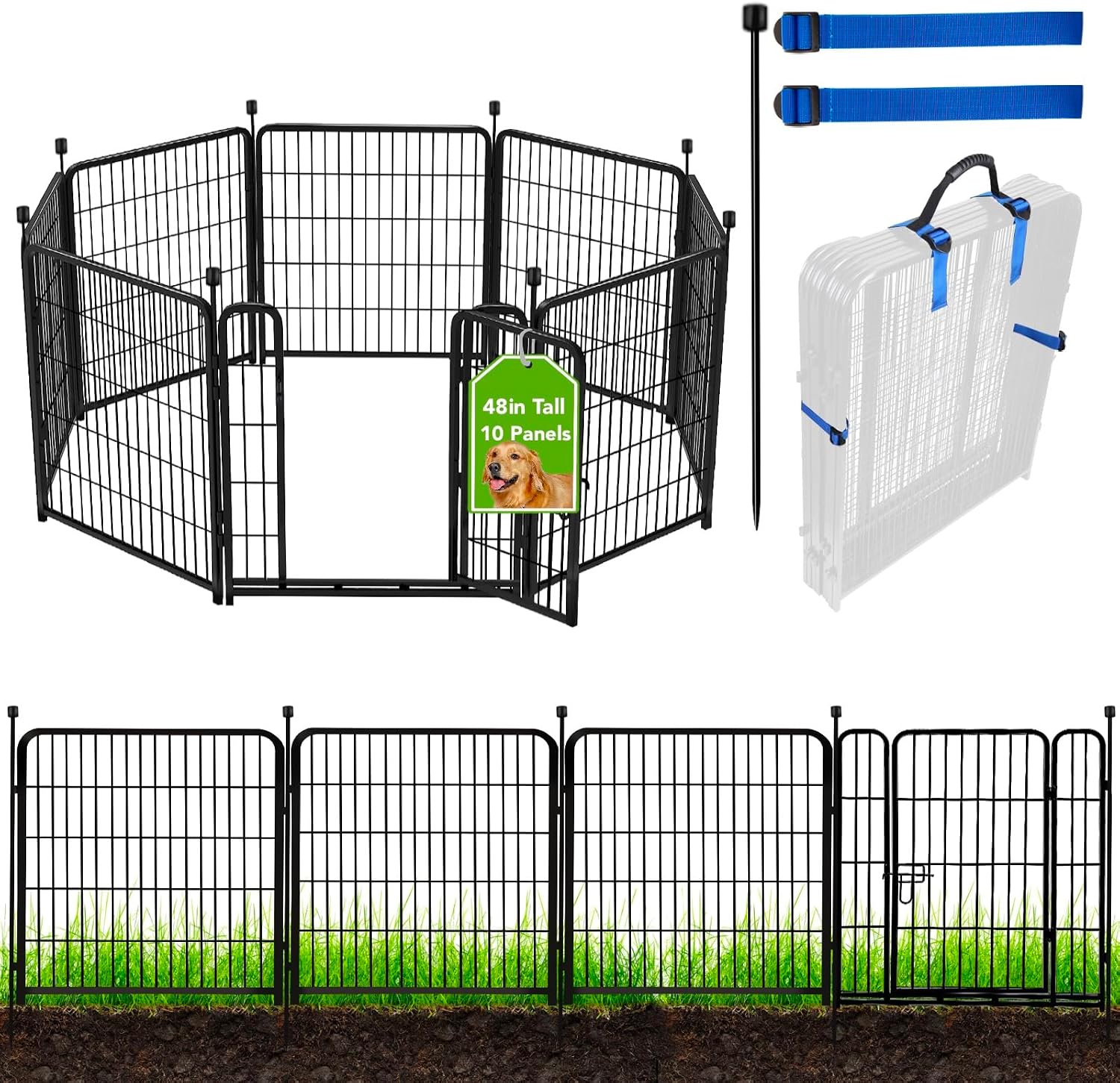 ADAVIN Tall Garden Fence, 48 in(H) 10 Panels Heavy Duty Iron Metal Animal Barrier Fence, Indoor or Outdoor Dog Playpen, Temporary Fence, No Dig Garden Border Fencing for Yard, Total 22.1 FT(L),Black