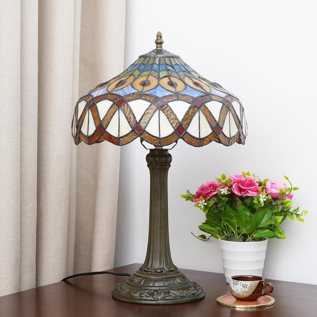Yellow Peacock Tail Tiffany Table Lamp 12 inch Stained Glass Desk Lamp Vintage Reading Light for Living Room Bedroom Wedding Room Home Office Antique Decorative Light