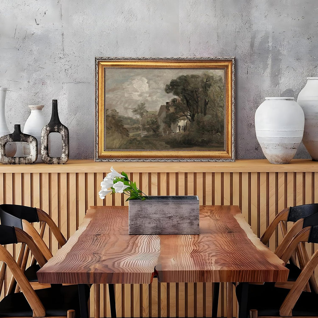 Large Framed Country Manor Canvas Wall Art Vintage Countryside Cottage Landscape Oil Painting Poster Rustic Estate European Country Artwork Print Classic Farmhouse Bedrom Decor 24x36inch