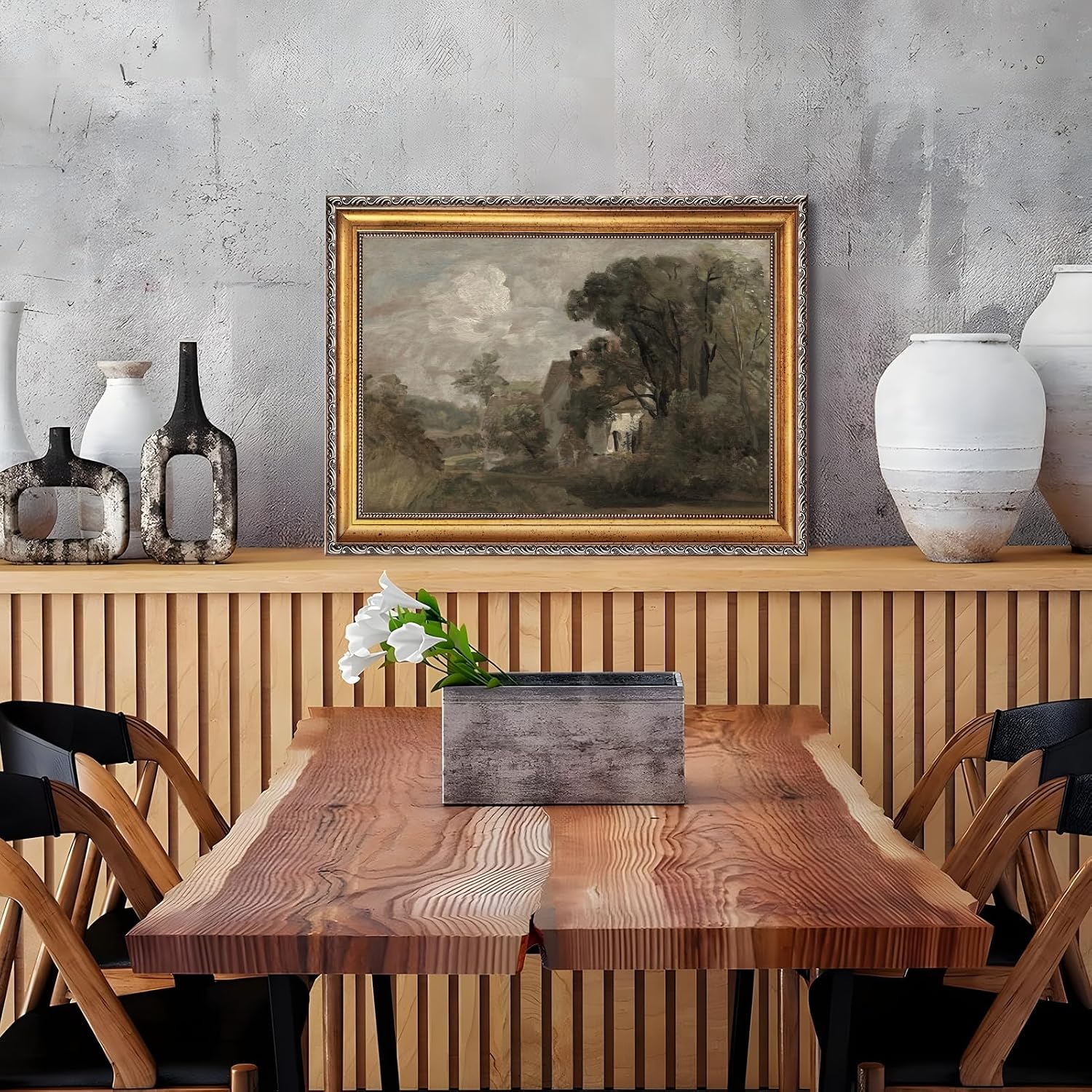 Large Framed Country Manor Canvas Wall Art Vintage Countryside Cottage Landscape Oil Painting Poster Rustic Estate European Country Artwork Print Classic Farmhouse Bedrom Decor 24x36inch