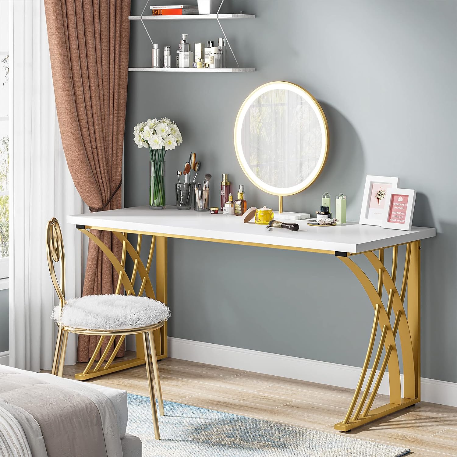 LITTLE TREE 55'' Large Modern Computer Desk, White & Gold Luxury Laptop PC Student Table, Makeup Vanity Table with Thick Frame & Strong Legs, Sturdy Writing Workstation for Home & Office