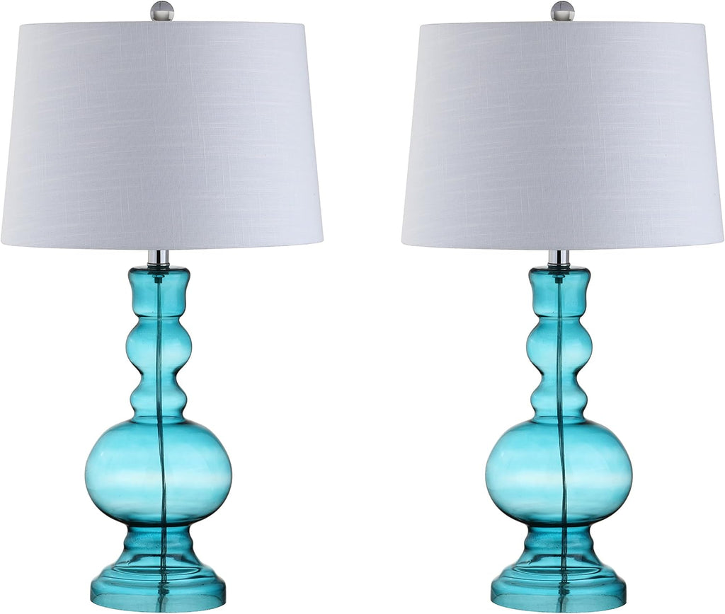 JONATHAN Y 28.5' Blue Glass Table Lamp Set of 2 for Living Room Bedroom Decor, Modern Bedside Lamps with White Linen Shade, LED Bulbs Included JYL1061A-SET2