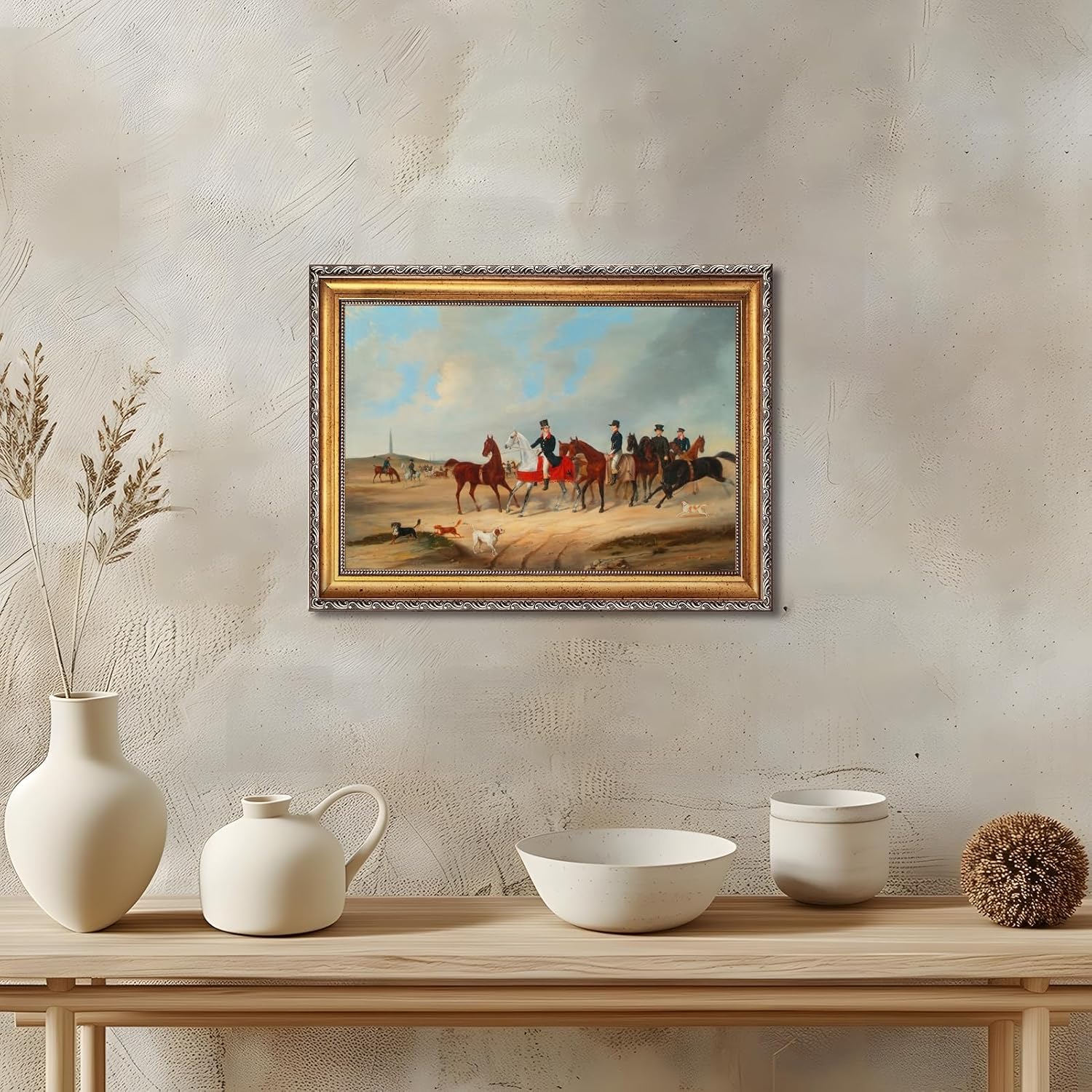 Large Framed Cavalcade with Dogs By August von Rentzel Canvas Wall Art Vintage European Hunting Oil Paintings Reproduction Poster Fox Hunt Equestrian Scene Artwork Prints Home Decor 24x36inch